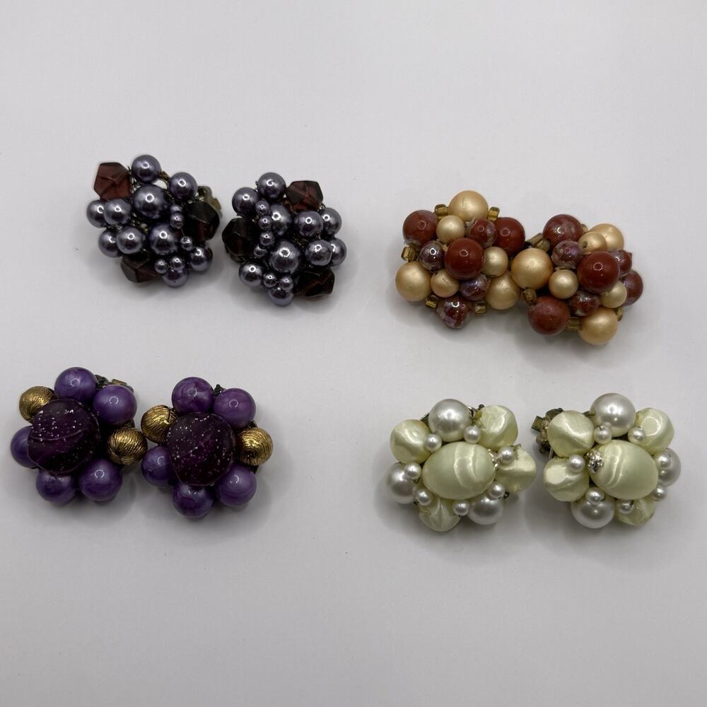 Vintage Statement Clip-On Earrings Lot (4 Pairs) Whimsigoth Plum + Pearl Cluster